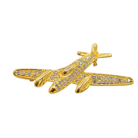 Crystal Airplane Pin Brooch Gold Pave Rhinestone Statement Vintage 1980s Bin1 - Picture 2 of 9